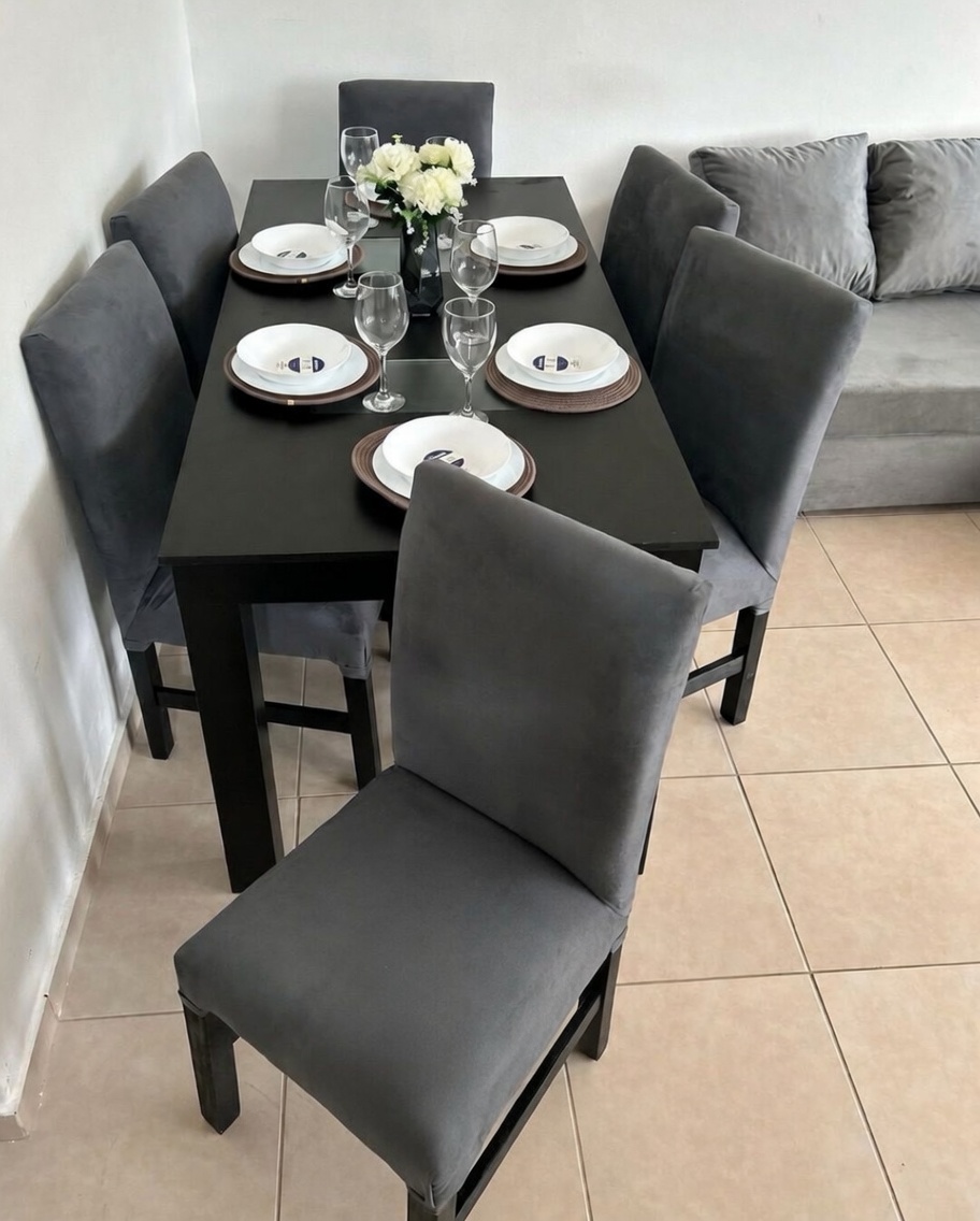 Mesa Negra 6 Sillas Terciopelo Gris